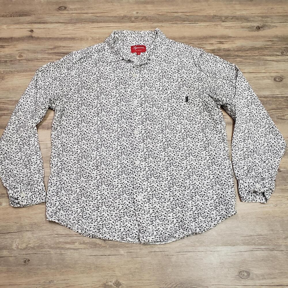 Supreme Shirt Mens Medium White Floral Rayon Long Sleeve Button Up Casual Print